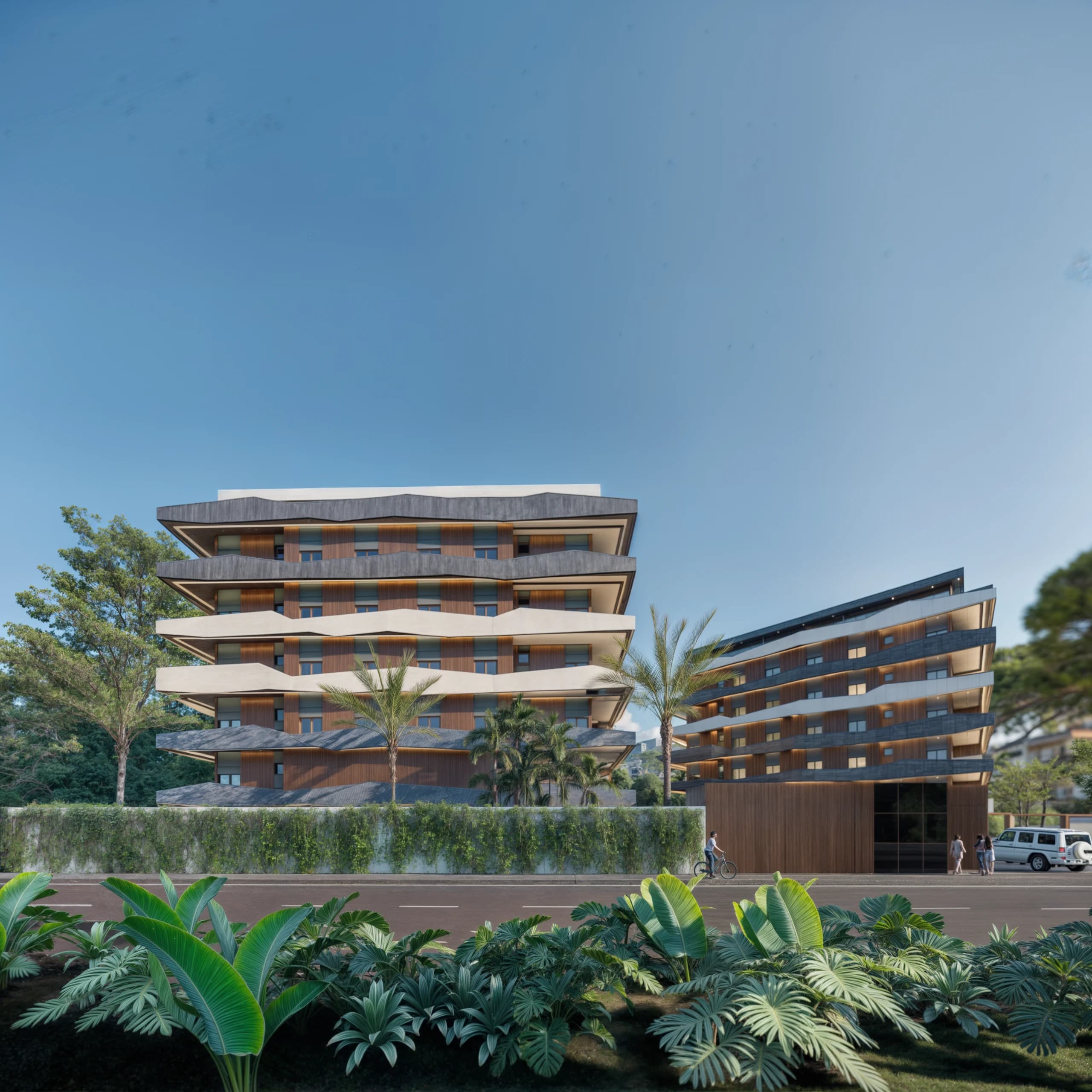 Render das duas torres do Wave Itaúna, com varandas e jardins em primeiro plano.