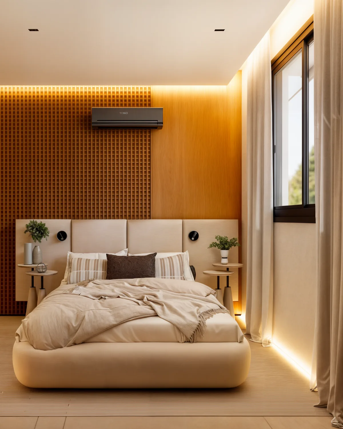 Suíte master — Iluminação embutida. Perspectiva ilustrada.