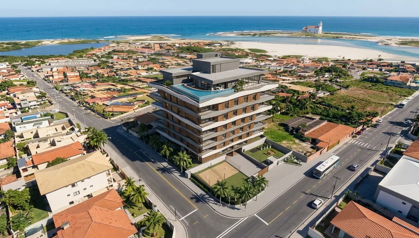 Vista aérea da torre com a praia, a lagoa e a igreja de Itaúna ao fundo. Perspectiva ilustrada.